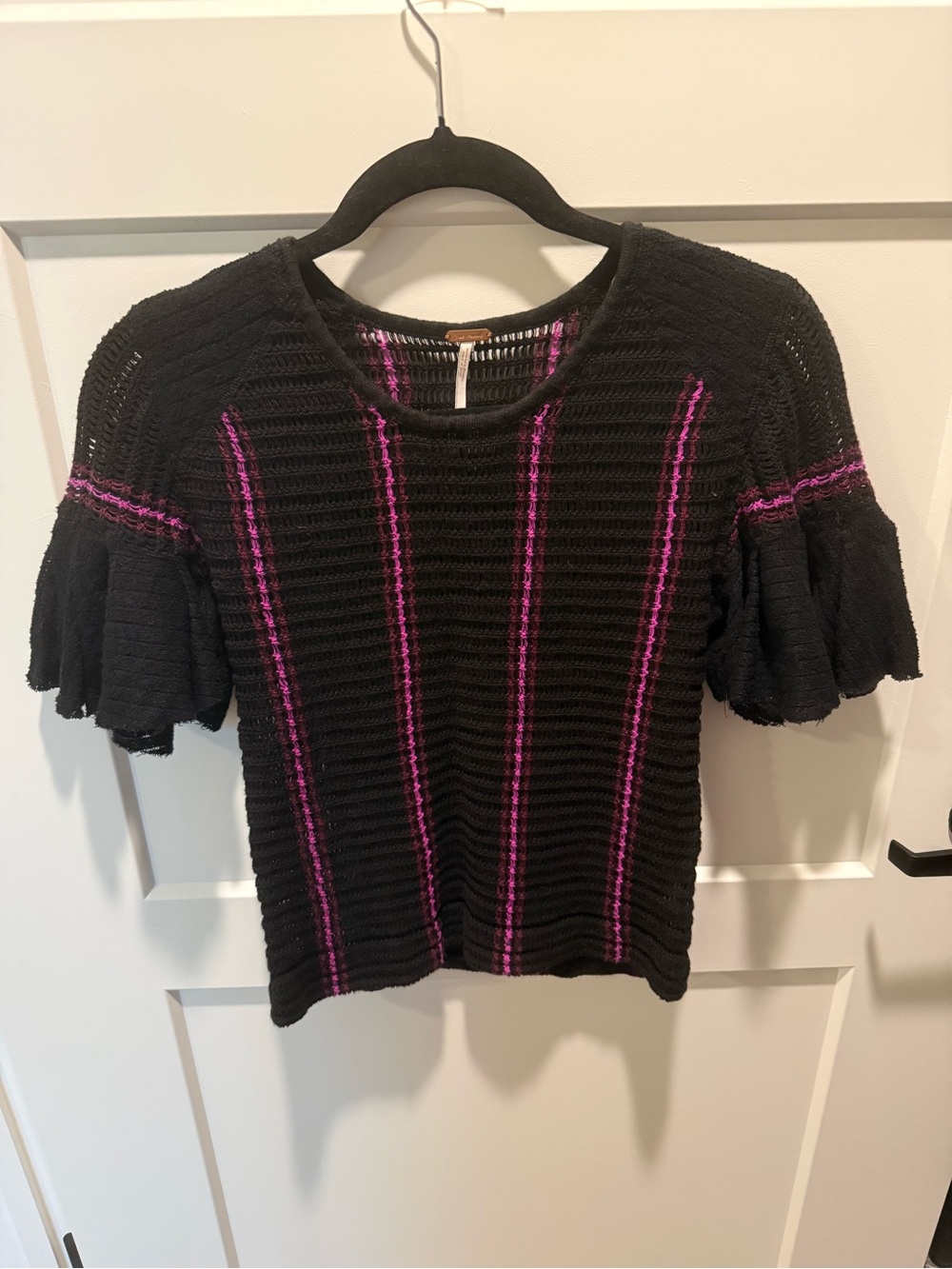 Free People Open Knit Bell Sleeve Sweater Top Women’s XS Purple Stripe Boho
